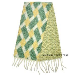 Green, Yellow & White Geometric Chevron Fringe Blanket Scarf